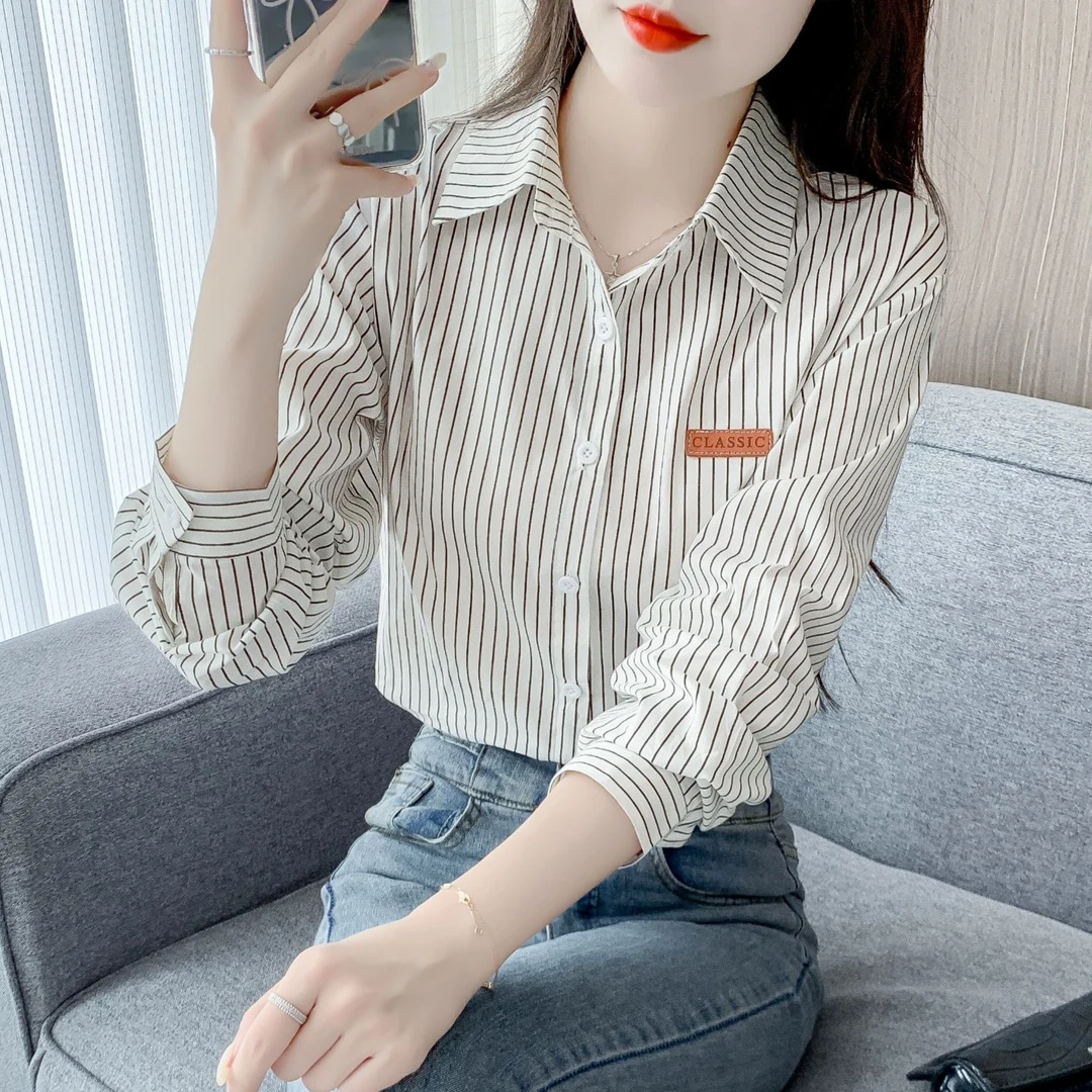 条纹衬衫女2025春季新款长袖韩版宽松上衣设计感小众衬衣9219