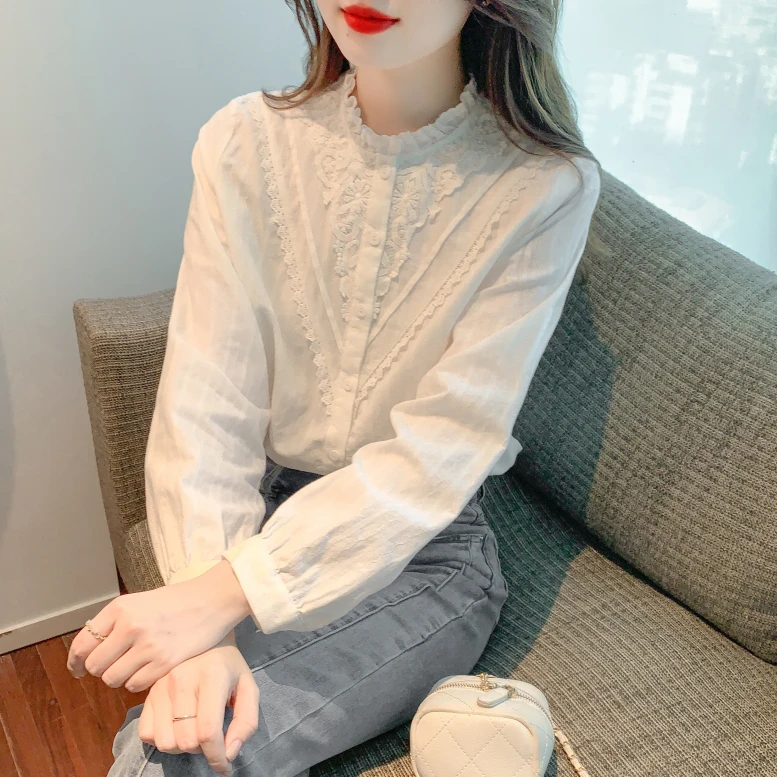 2025春季新款长袖立领棉布衬衫花边拼接设计感法式洋气上衣3058