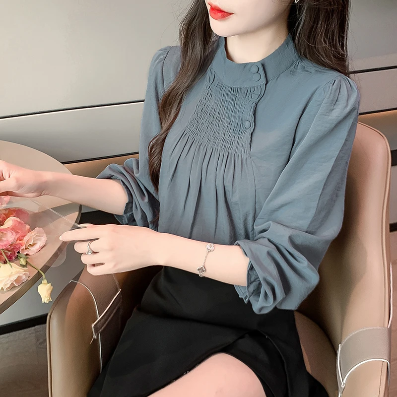 2025春季新款立领褶皱长袖衬衫女早秋季高级设计感内外搭上衣2640