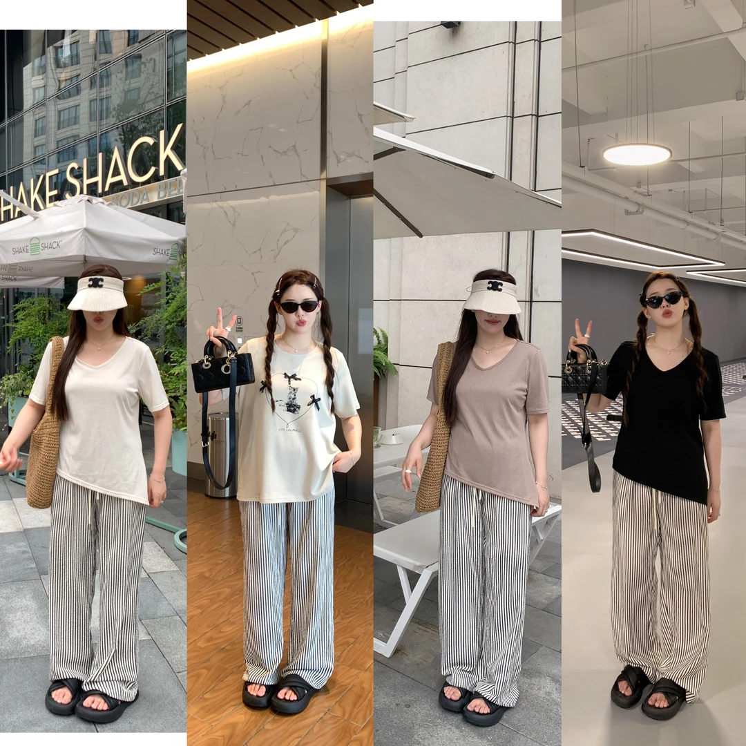 唐不灵微胖《条纹阔腿裤》大码显瘦宽松休闲裤胖mm休闲百搭清凉夏款