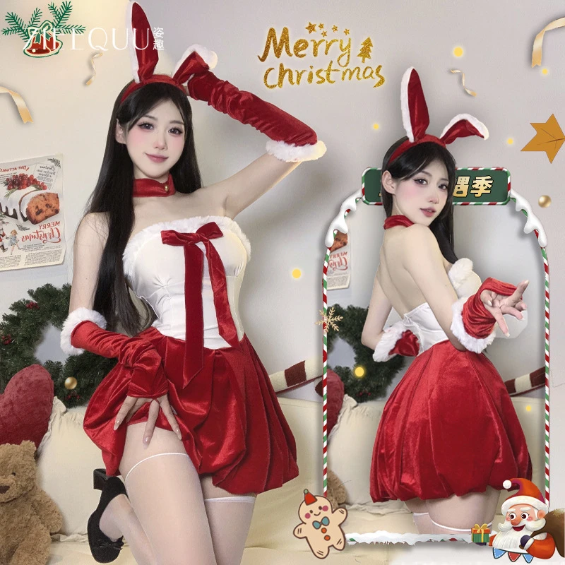 金丝绒红色性感兔女郎套装网红新年战袍舞台表演服公主裙子