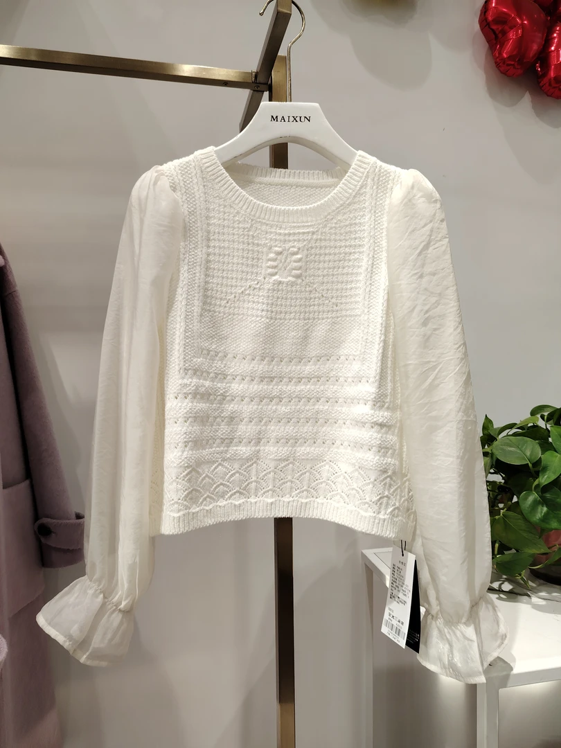 麦寻女装专柜正品秋款XSLBQ034圆领轻奢法式气质刺绣镂空百搭针织