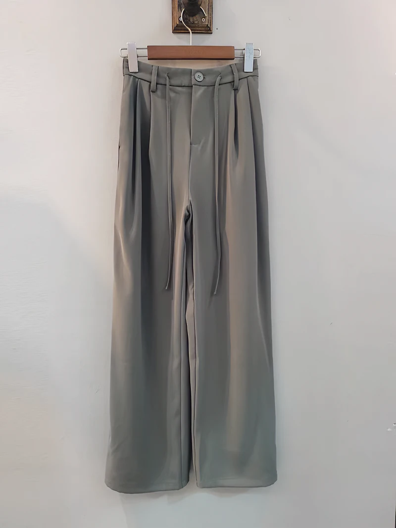 麦寻2024春夏秋灰色雪纺裤kcxbq013女高腰显瘦垂感直筒宽松阔腿裤