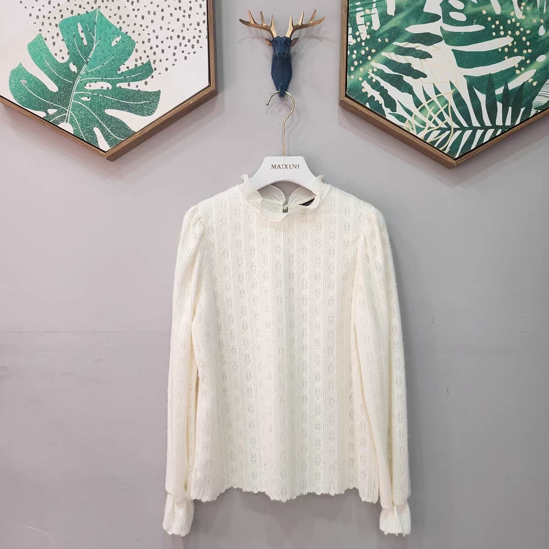 麦寻冬季新款XSLLQ002杏色长袖小衫花边领镂空印花小众设计款两层