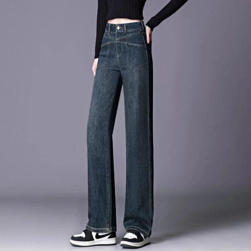 窄版阔腿牛仔裤女2025春秋新款高腰显瘦宽松小个子加绒加厚直筒裤