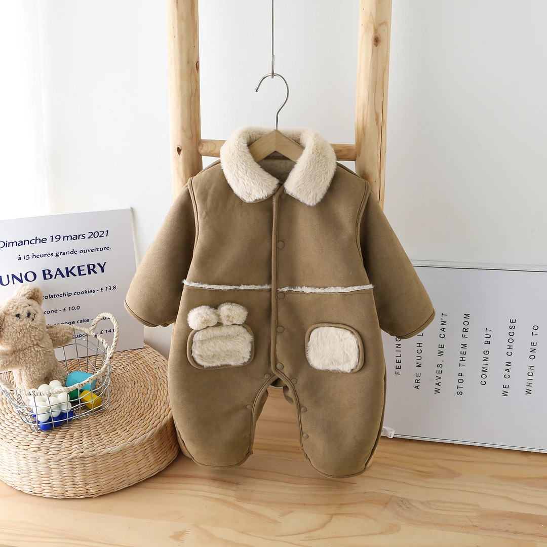 24355婴幼儿冬款连体衣宝宝加绒加厚皮衣保暖哈衣爬服新生