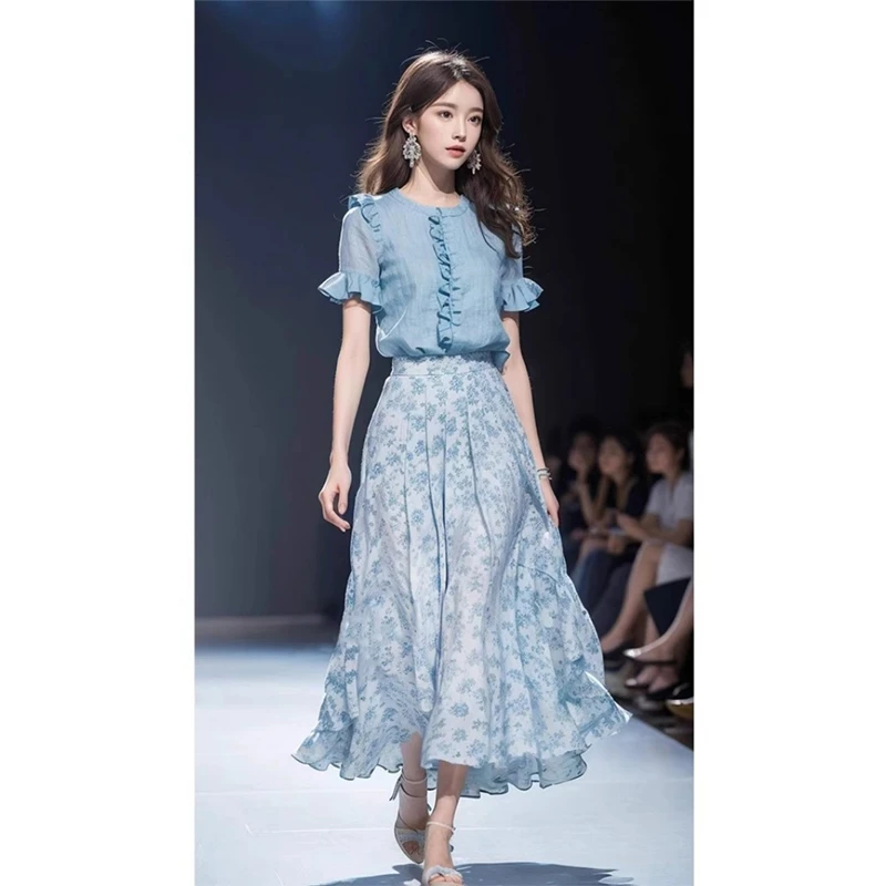 韩系一整套穿搭超仙雪纺上衣配碎花半身裙女夏小个子洋气时尚套装