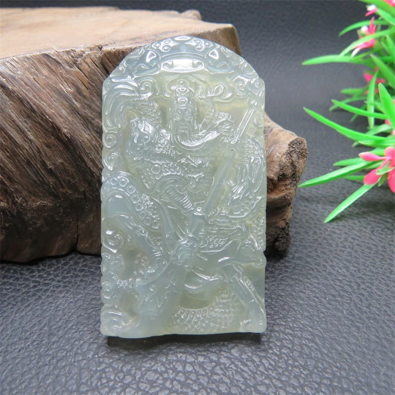 岫玉吊坠水墨双面雕刻关公武财神男女款挂件包邮产地直销岫岩玉