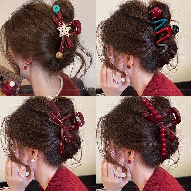 安可拉红色蝴蝶结抓夹女2025新款高级感发夹后脑勺鲨鱼夹秋冬头饰