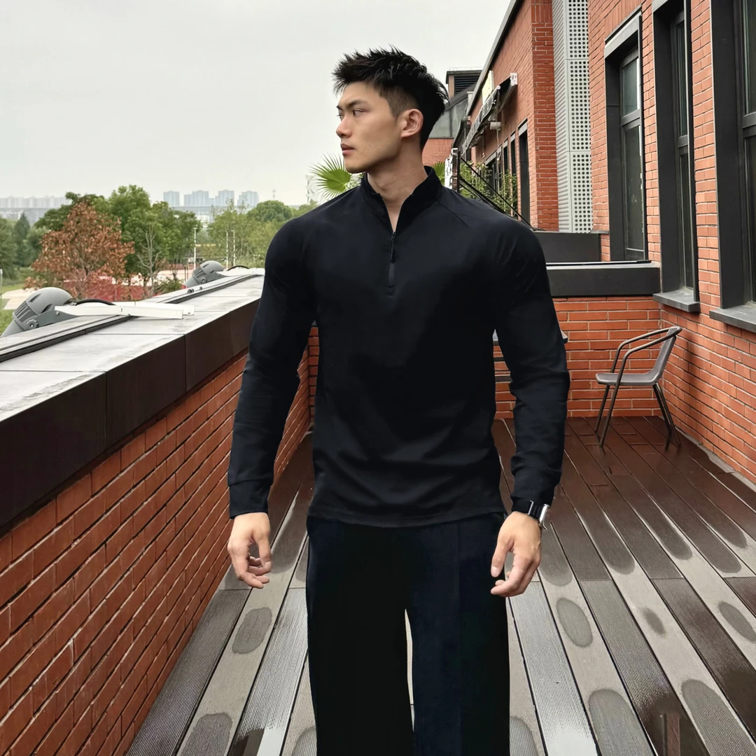 秋季新款克隆棉半门襟圆领T恤宽松休闲时尚健身打底长袖运动户外