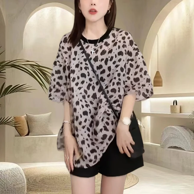 法式圆领豹纹短袖T恤女夏天慵懒风显瘦时尚小衫洋气时髦薄款上衣
