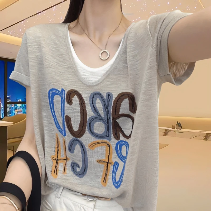 气质字母印花t恤上衣女2024夏季休闲大码短袖V领宽松时尚上衣