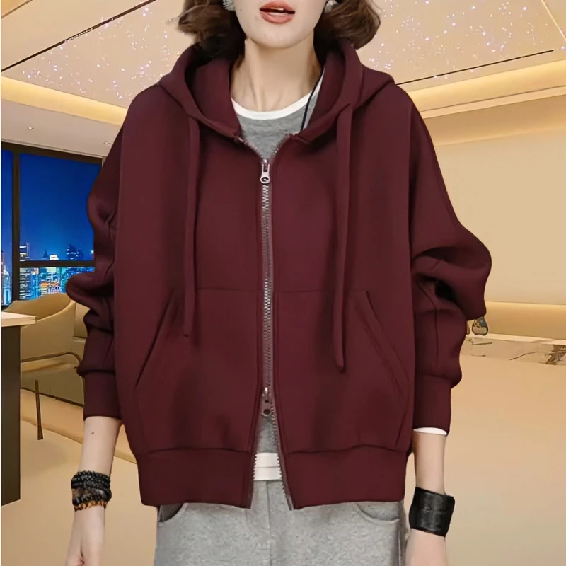 宽松气质双拉链连帽卫衣女士2025秋季新款休闲百搭纯色大码外套