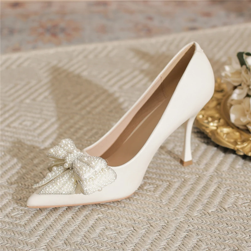 蝴蝶结水钻尖头高跟鞋女浅口玛丽珍鞋配裙子婚礼鞋细跟一脚蹬单鞋