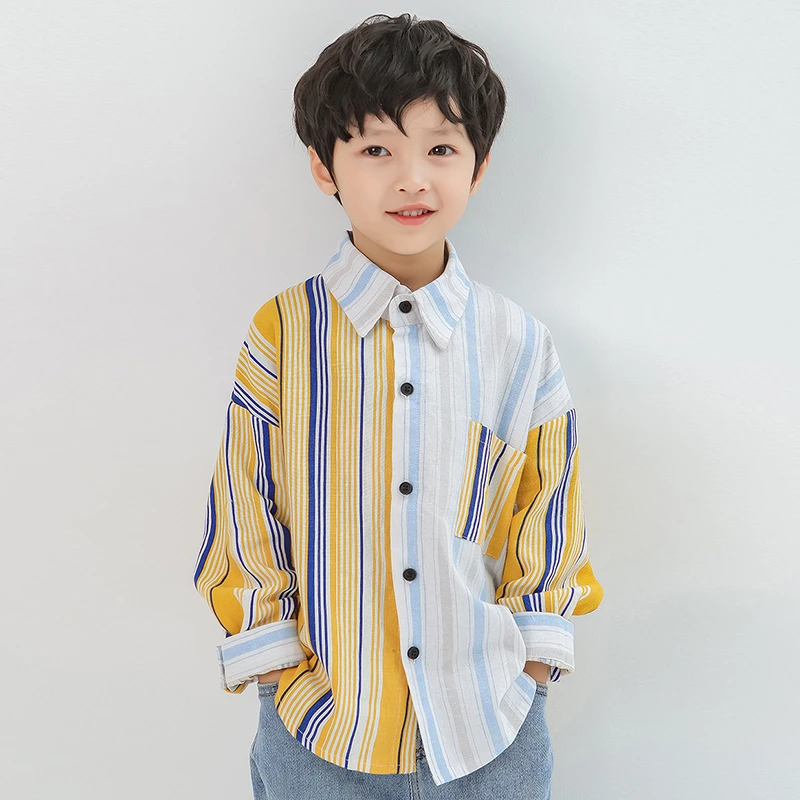 2025新款春秋长袖衬衫男童拼接条纹衬衣洋气翻领上衣黄蓝百搭潮韩