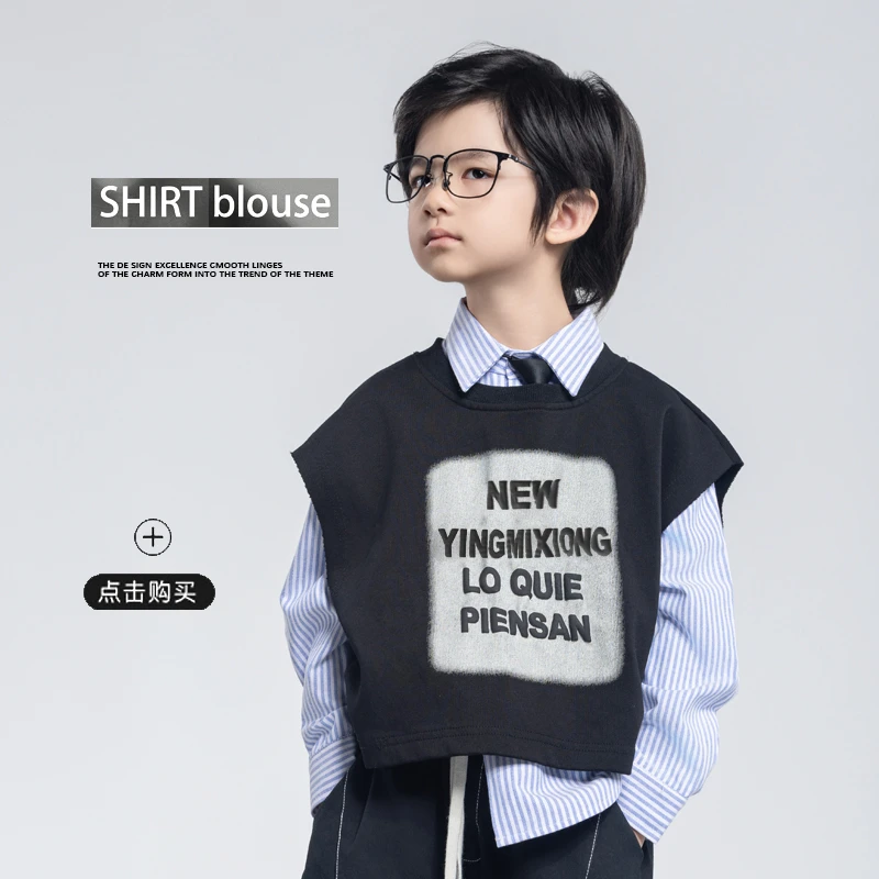 童装新款印花背心针织2025男童百搭上衣春秋上衣洋气女童黑背潮韩