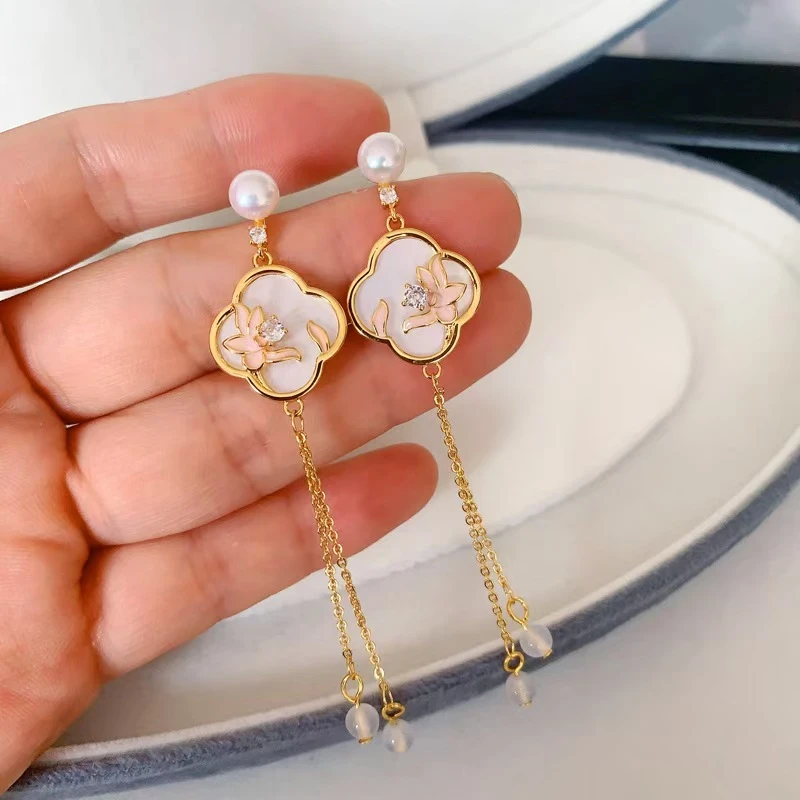 天然淡水珍珠耳钉s925银针中式宫廷古风耳环夏日粉荷流苏耳饰E16