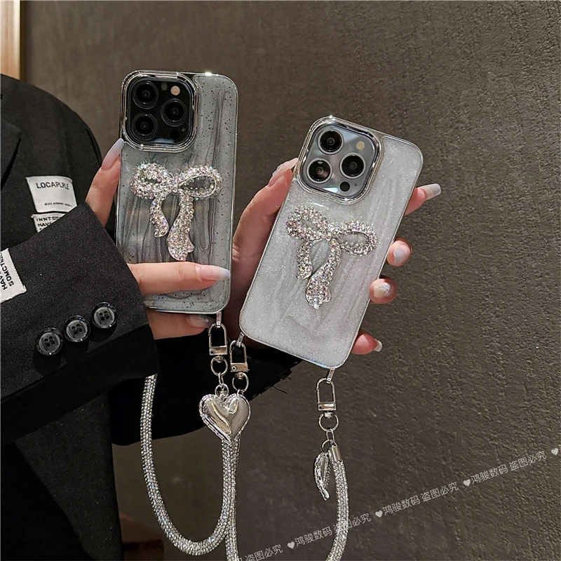 苹果奢华高端手机壳适用15promax-12防摔ins腕带闪钻网红女款潮套