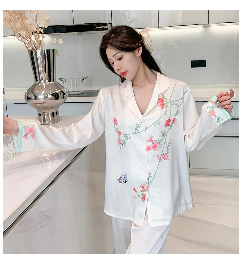 新款冰丝绸长袖高级感浪漫花卉印花舒适睡衣洋气家居服套装可外穿