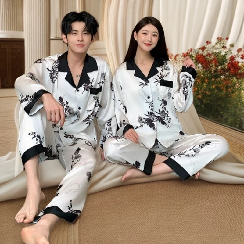 国风水墨冰雪丝睡衣亲肤高级感家居服黑白情侣印花长袖长裤两件套