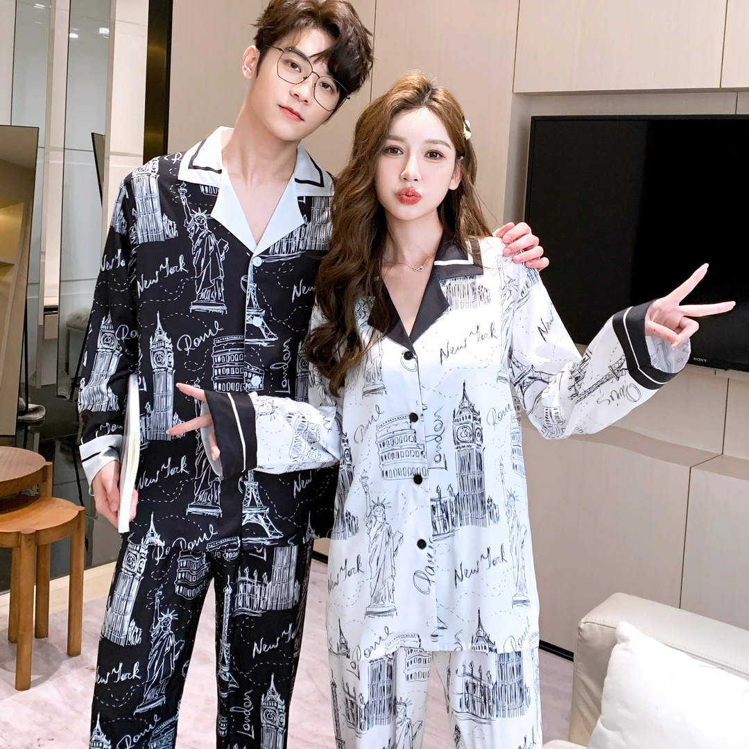 情侣家居服夏季男生大码睡衣女士冰雪丝套装睡衣女套装睡衣女套装