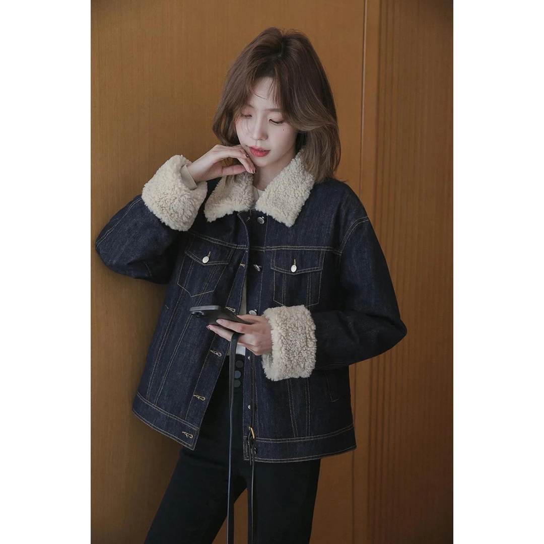 女秋冬拼接翻领复古小个子短外套