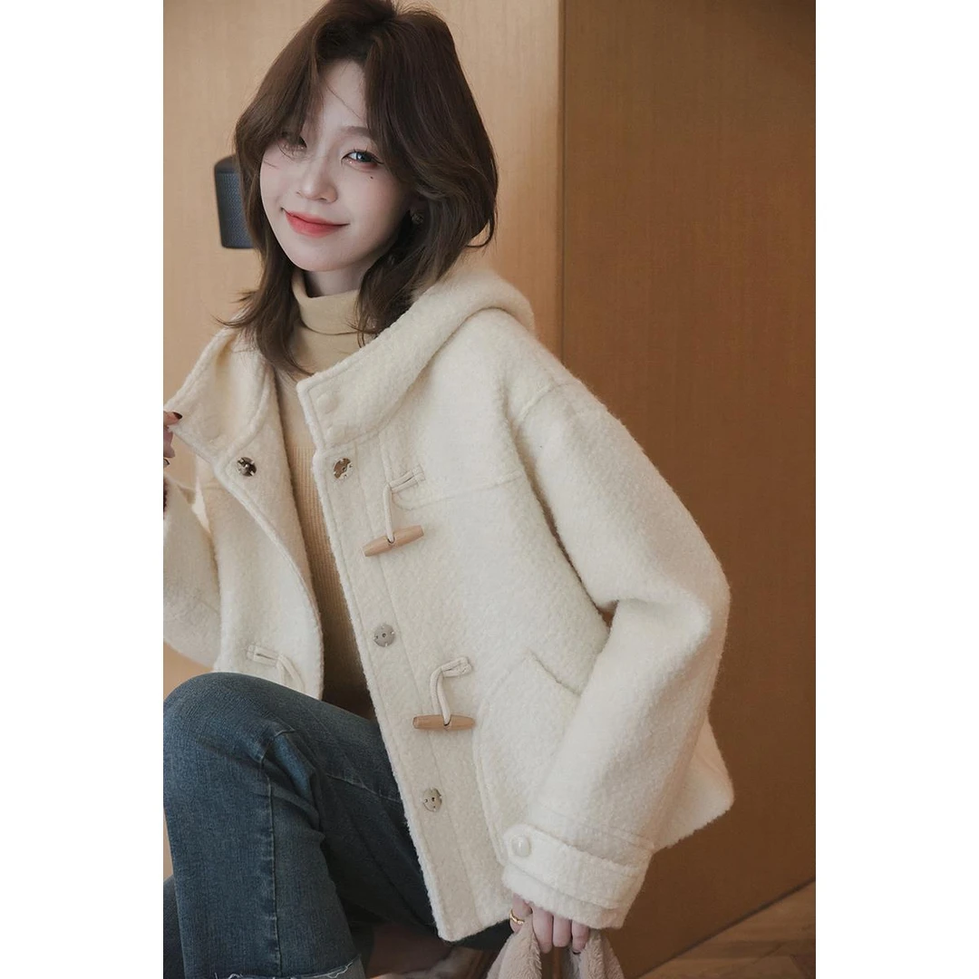 女秋冬连帽纯色宽松学院风圈圈呢大衣