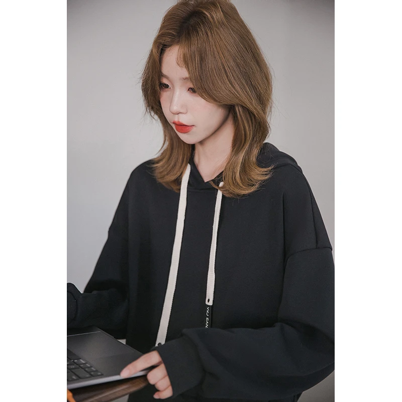 【季末折扣】小谷粒连帽卫衣抽绳慵懒风落肩袖短款上衣