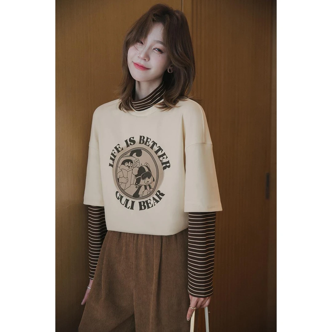 小谷粒原创谷粒熊印花假两件T恤202年冬设计感半高领磨毛显瘦上衣