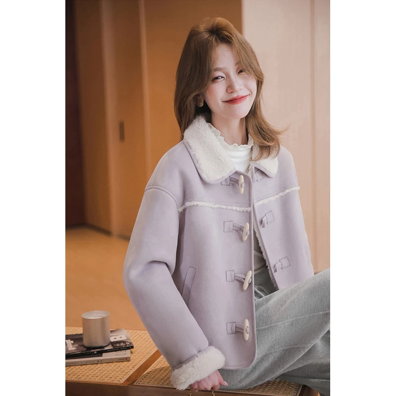 4秋冬仿麂皮复古牛角扣外套休闲风上衣女