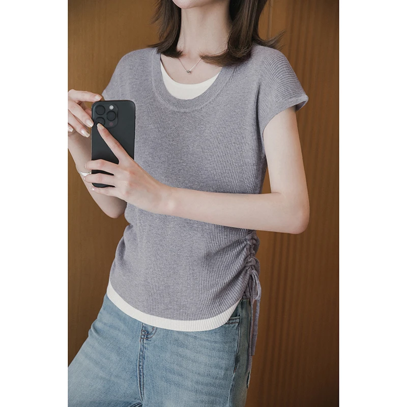 【季末折扣】小谷粒假两件针织衫款显瘦休闲撞色女上衣