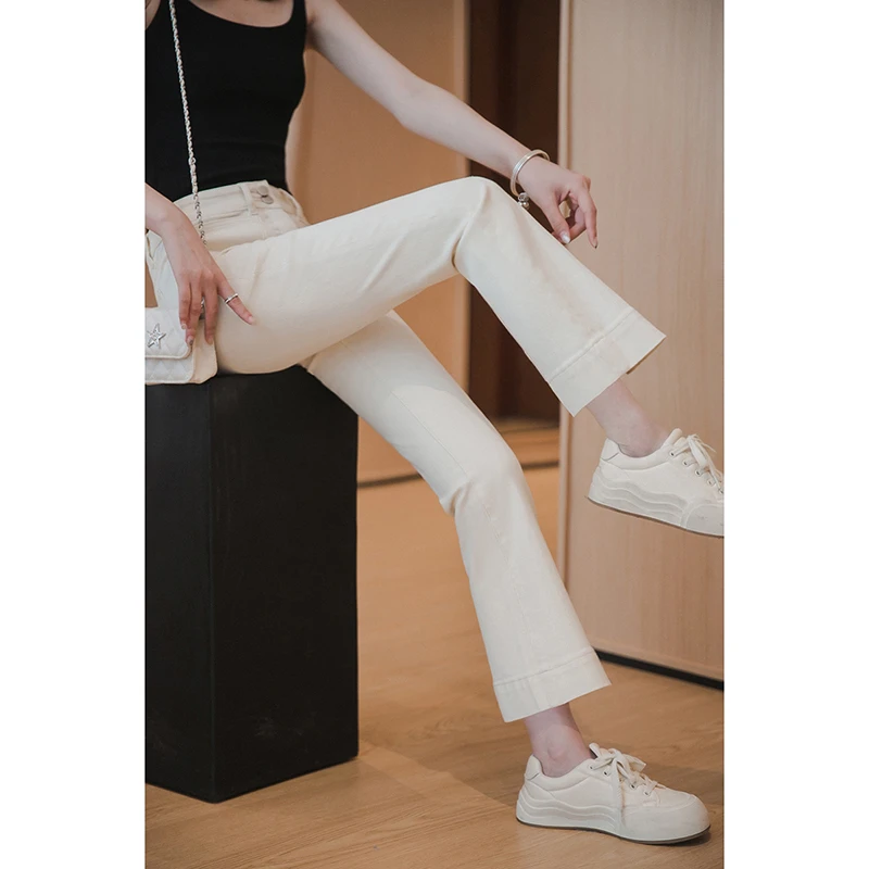 【季末折扣】小谷粒修身微喇牛仔裤米白色高腰九分裤