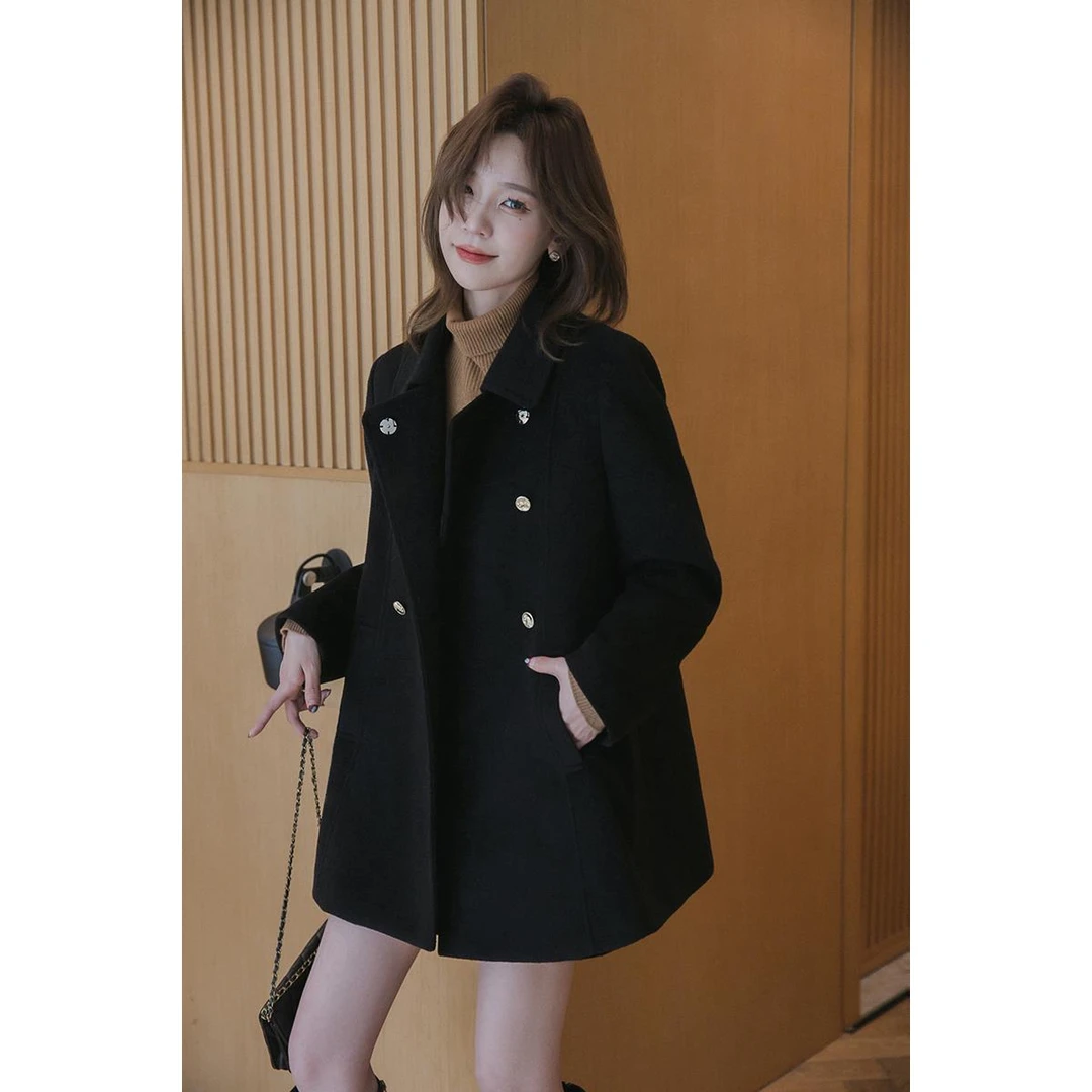 小谷粒毛呢大衣女春季优雅气质双排扣中长款外套赫本