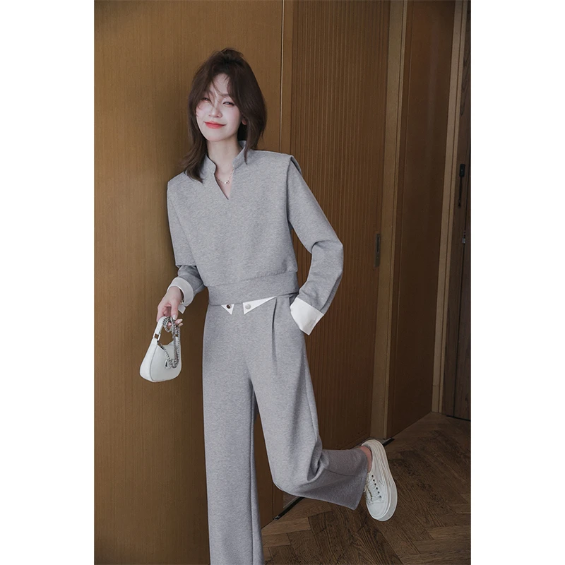 【现货】小谷粒休闲套装女拼色上衣直筒裤假两件套装