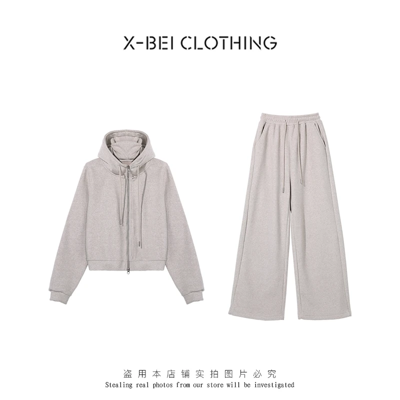 熙贝薇2 【百搭公式套装】冬季新款双拉链加绒连帽松紧腰套装 D8791