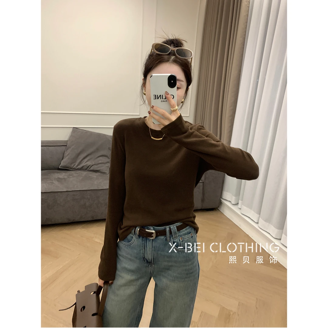 熙贝2  冬季磨毛加绒高弹女圆领打底衫舒适显瘦保暖百搭T恤 D8550