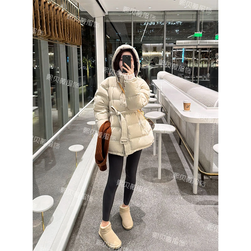 熙贝薇2 【阿尔卑斯】中长款连帽系带收腰帽子可拆卸羽绒服 D8800