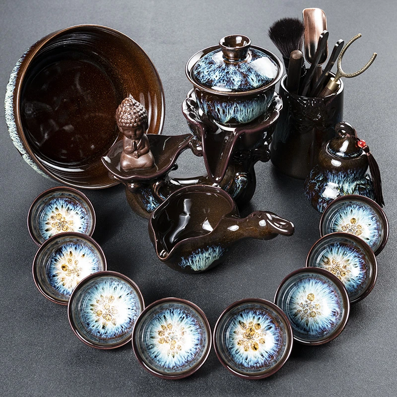 建盏窑变全自动懒人防烫功夫茶具套装家用茶杯石磨茶壶泡茶器