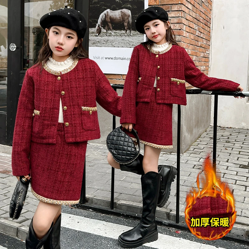 女童小香风套装加厚保暖秋冬洋气红色毛呢儿童套裙年服（价格已开）