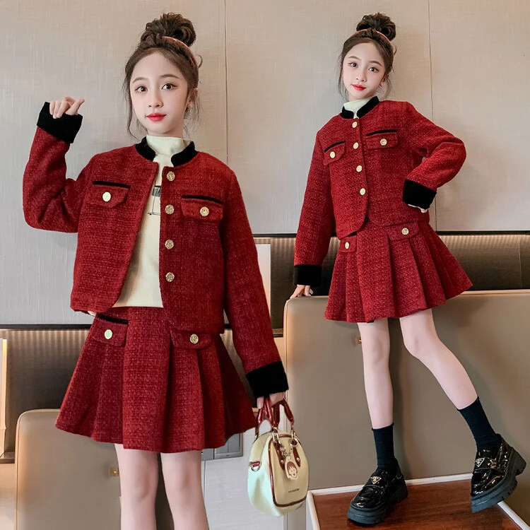 女童秋冬套裙加棉加厚气质名媛小香风套装年服110-170（价格已开）