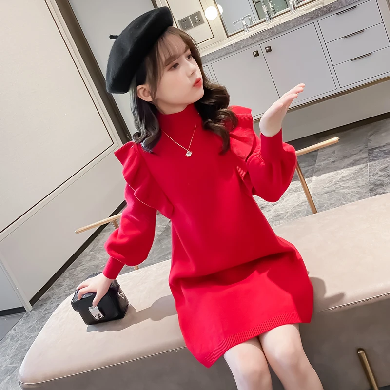 女童毛衣秋冬款红色洋气加厚花边袖女孩毛衣裙110-170（直播同价）