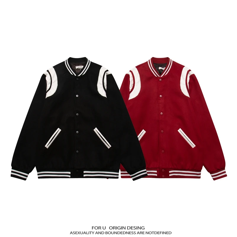 FOR U 美式复古高街撞色棒球服男女vintage学院风情侣棉服外套