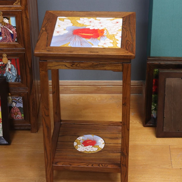 高76宽42花架瓷板画老榆木折叠沙发边几茶几桌子托盘工艺礼品摆件