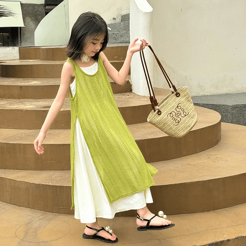 夏季新款连衣裙女童洋气吊带裙夏季中大童绿色薄款女孩宽松两件套
