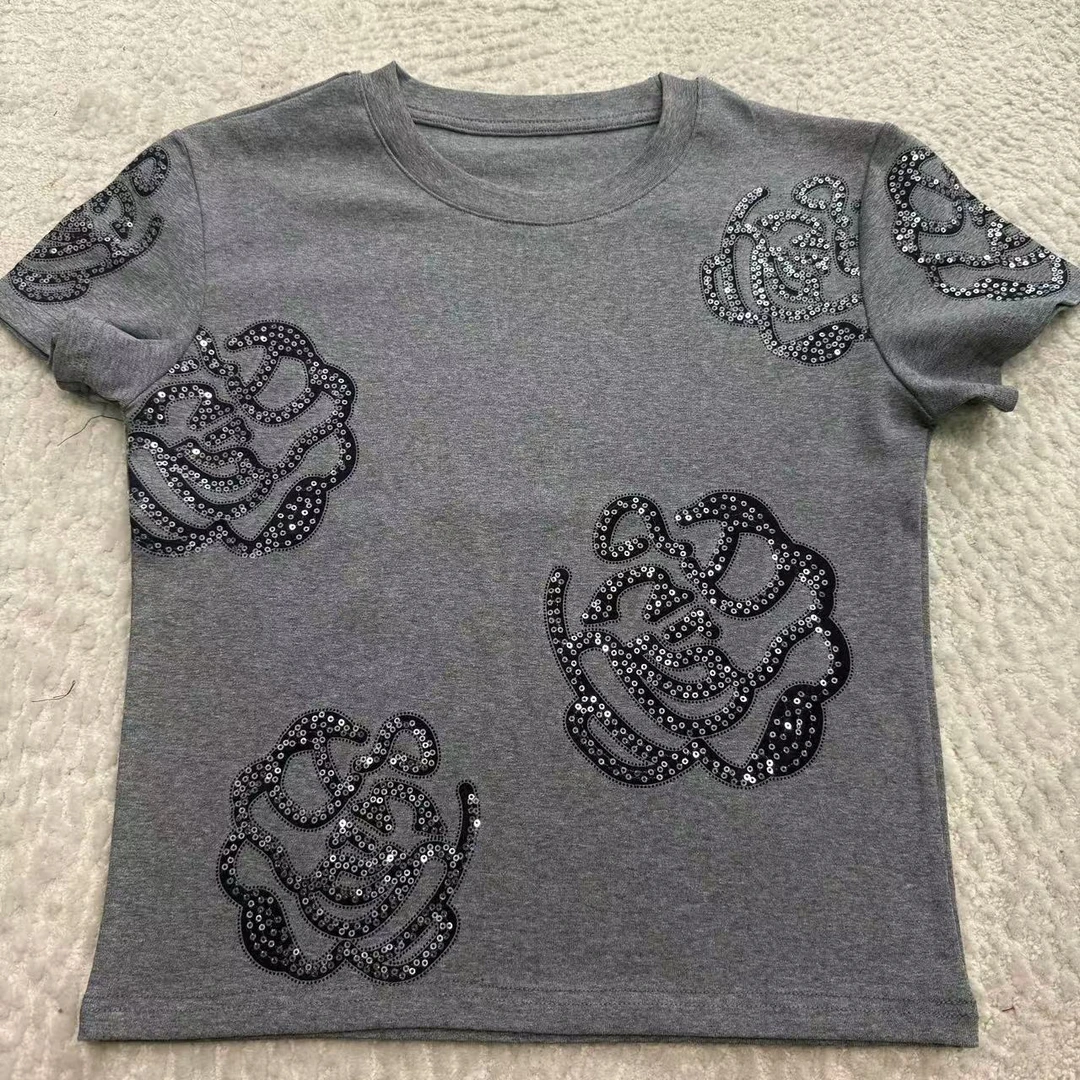 LUSESAY 亮片刺绣设计感 早秋2024新款长袖t恤女百搭休闲上衣