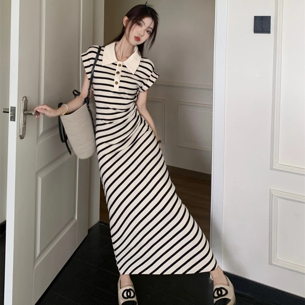 法式Polo领撞色条纹A字小飞袖连衣裙韩减龄收腰显瘦开叉气质长裙