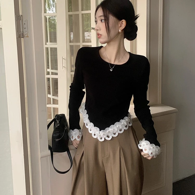 复古法式珍珠花边设计显瘦长袖上衣高腰阔腿拖地长裤早秋洋气百搭