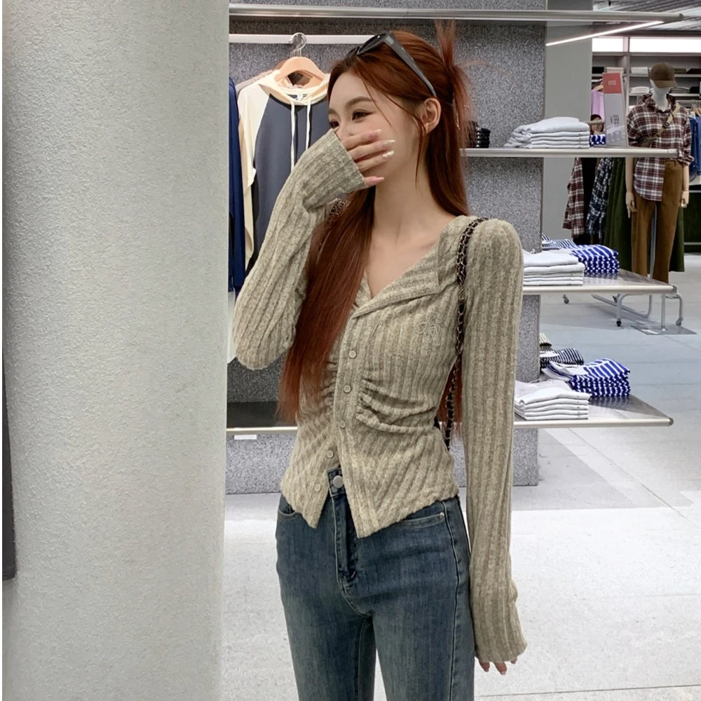 辣妹纯欲风不规则翻领褶皱修身显瘦外穿上衣v领抽绳针织打底衫秋