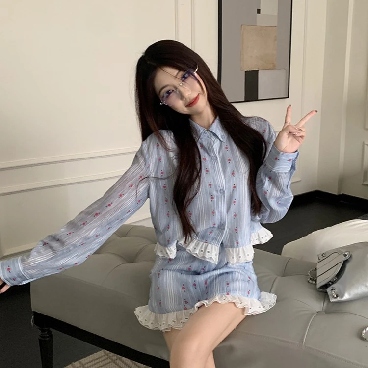碎花条纹提花刺绣拼接蕾丝长袖衬衫小众短款半身裙法式气质套装女