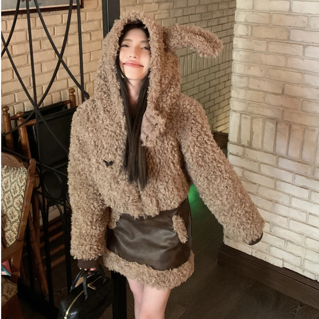 秋冬新奶茶垂耳兔圈圈毛套装加棉毛毛外套皮裙三件套卫衣时尚连帽